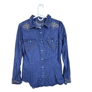 Wrangler Retro Denim Western Snap Shirt Aztec Embroidered Women Size Medium